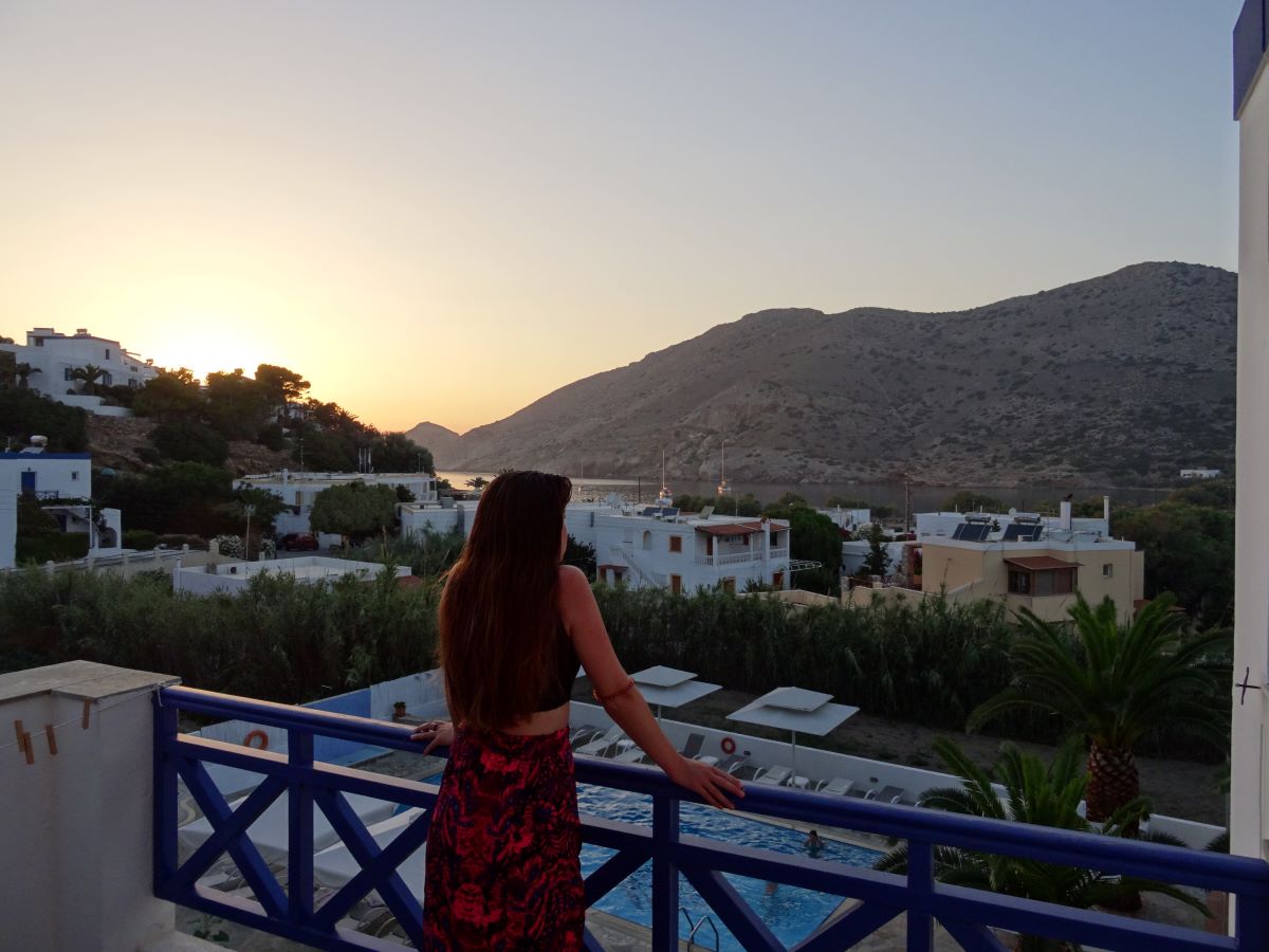 lady on balcony hotel remvi galissas beach