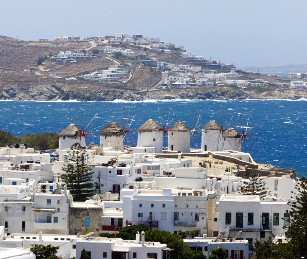 mykonos windmills and town