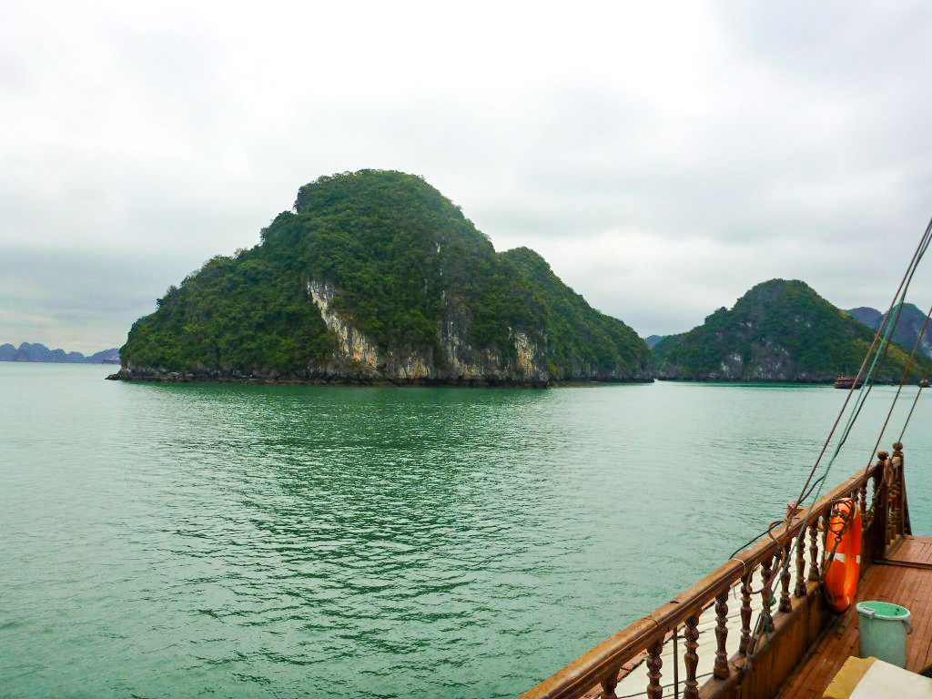 view of mountains from halong bay boat cruise