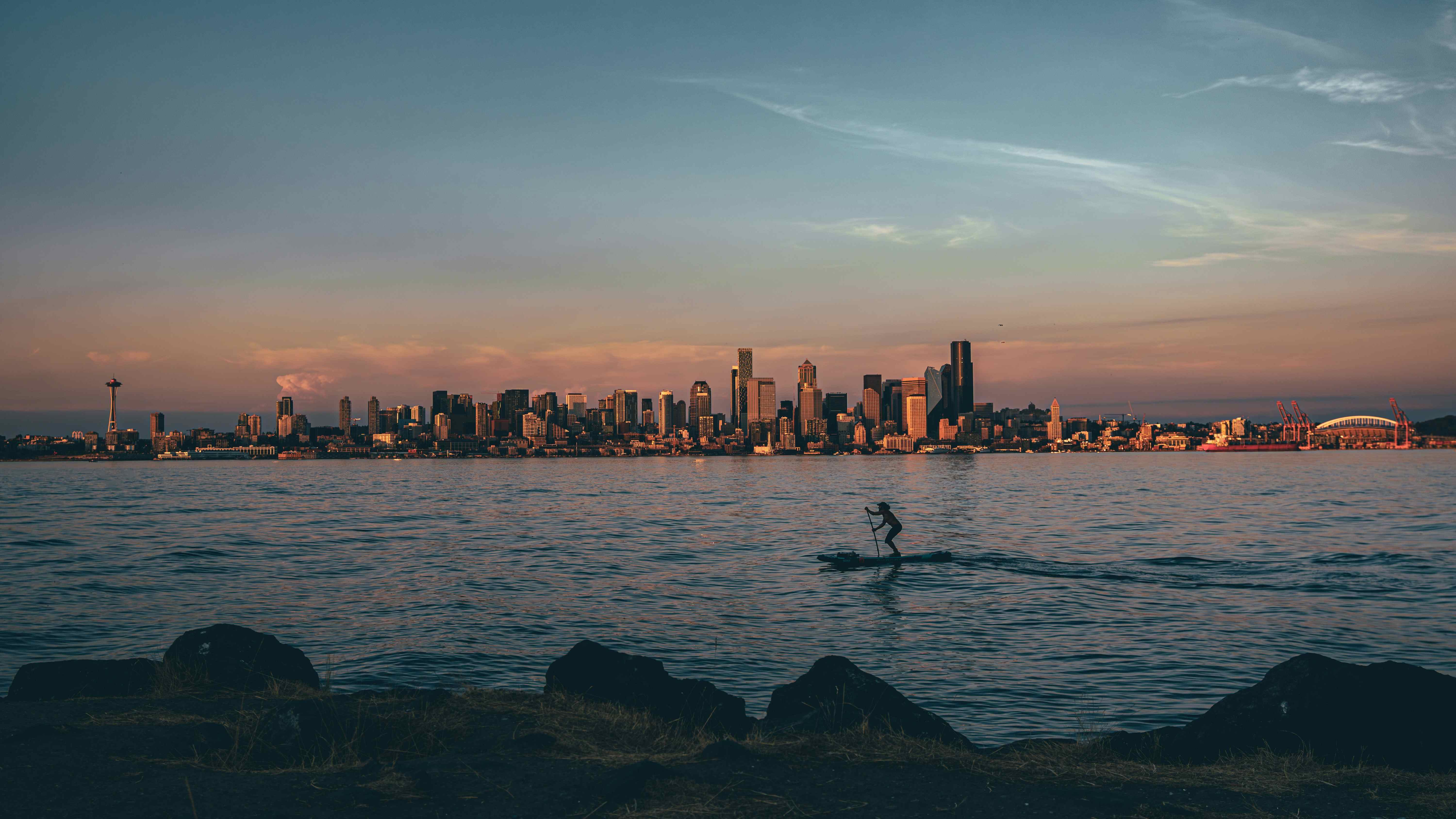 view from alki beach to seattle