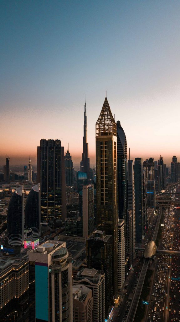 dubai skyline at sunset