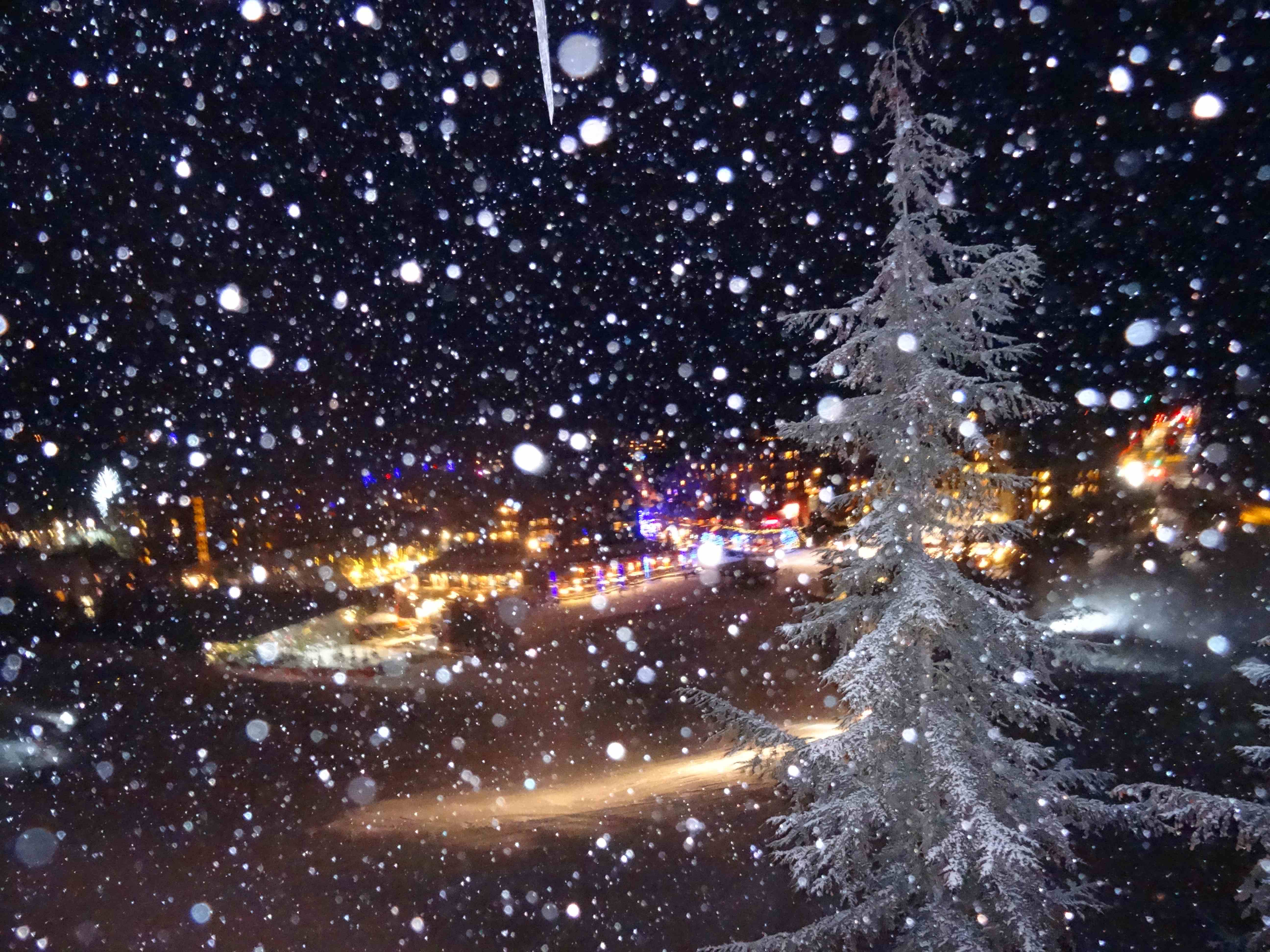 whistler village at night in snow