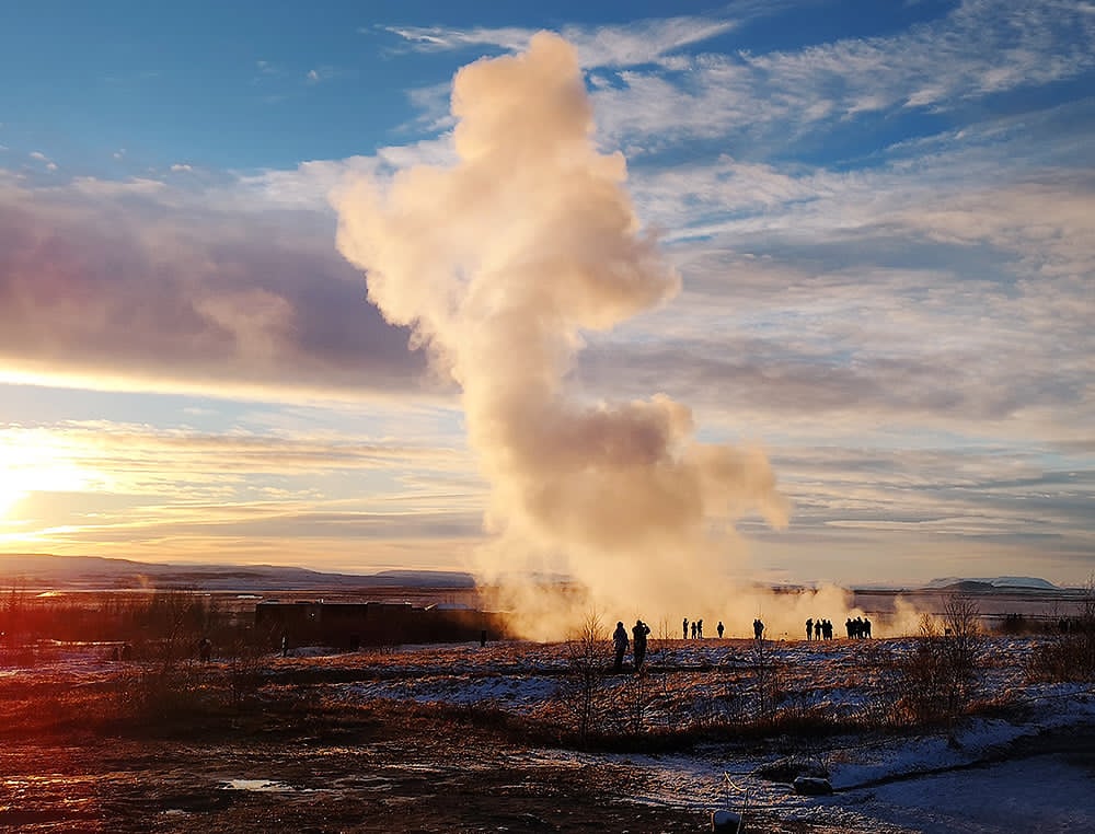 geysir iceland at sunset